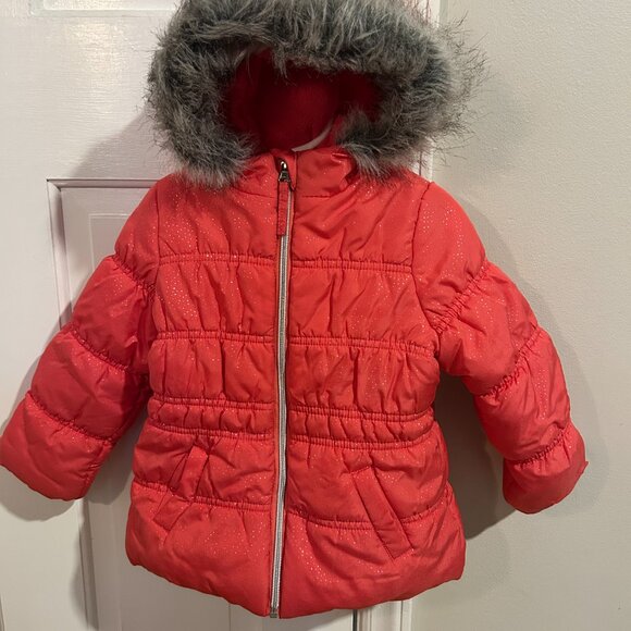 Protection System Vibrant Coral Puffer Jacket with Silver Dots and Fur Hood - Picture 1 of 9